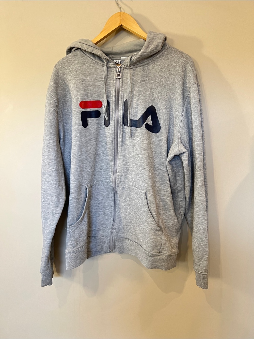 Fila Men's Light Gray Zip-Up Hoodie with Red & Navy Logo